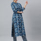 Janasya Women's Blue Cotton Block Print Kurta With Pant And Dupatta | Swadesiicart
