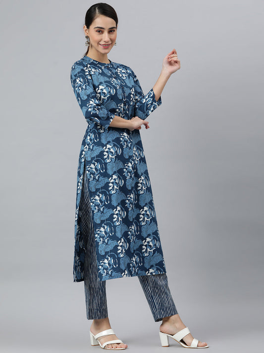 Janasya Women's Blue Cotton Block Print Kurta With Pant And Dupatta | Swadesiicart