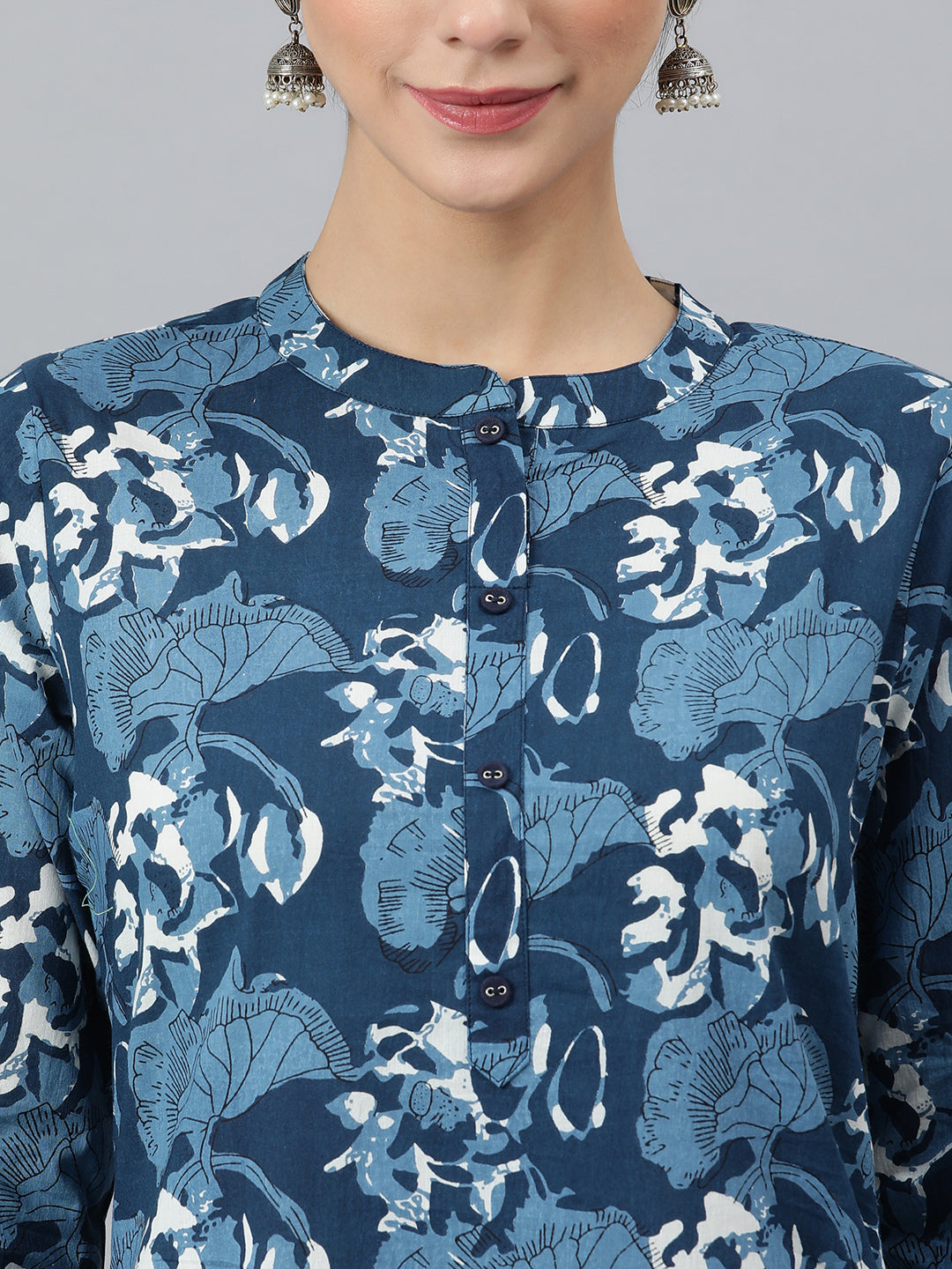 Janasya Women's Blue Cotton Block Print Kurta With Pant And Dupatta | Swadesiicart