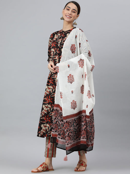 Janasya Women's Black Cotton Botanical Print Kurta With Pant And Dupatta | Swadesiicart