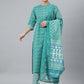 Janasya Women's Sea Green Cotton Block Print Kurta With Pant And Dupatta | Swadesiicart