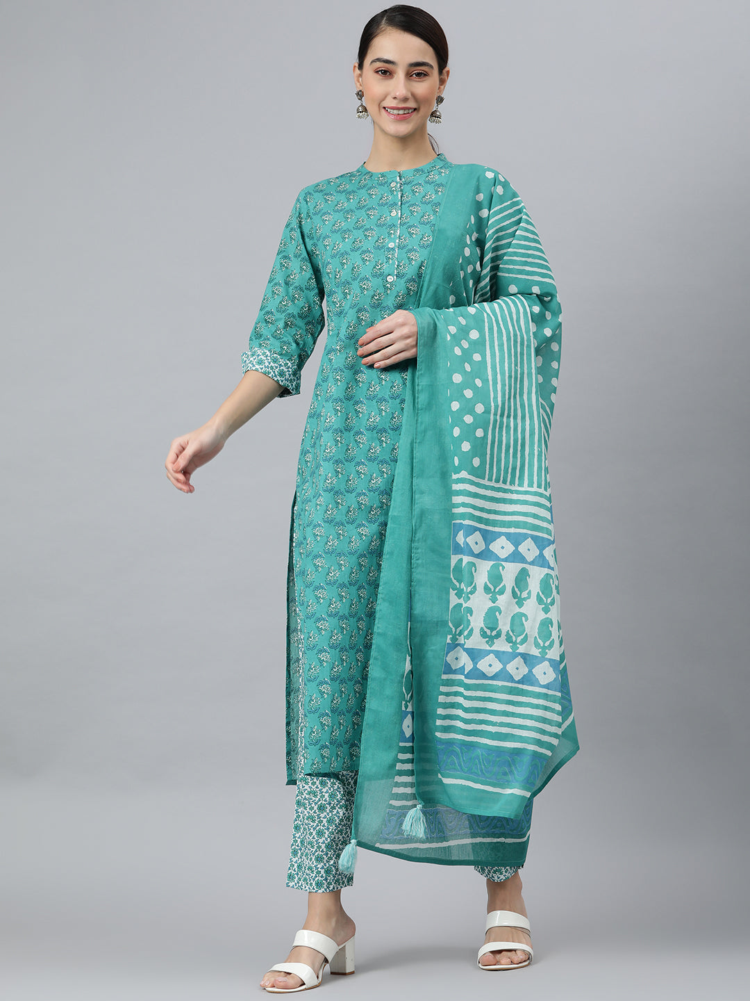 Janasya Women's Sea Green Cotton Block Print Kurta With Pant And Dupatta | Swadesiicart