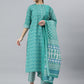 Janasya Women's Sea Green Cotton Block Print Kurta With Pant And Dupatta | Swadesiicart