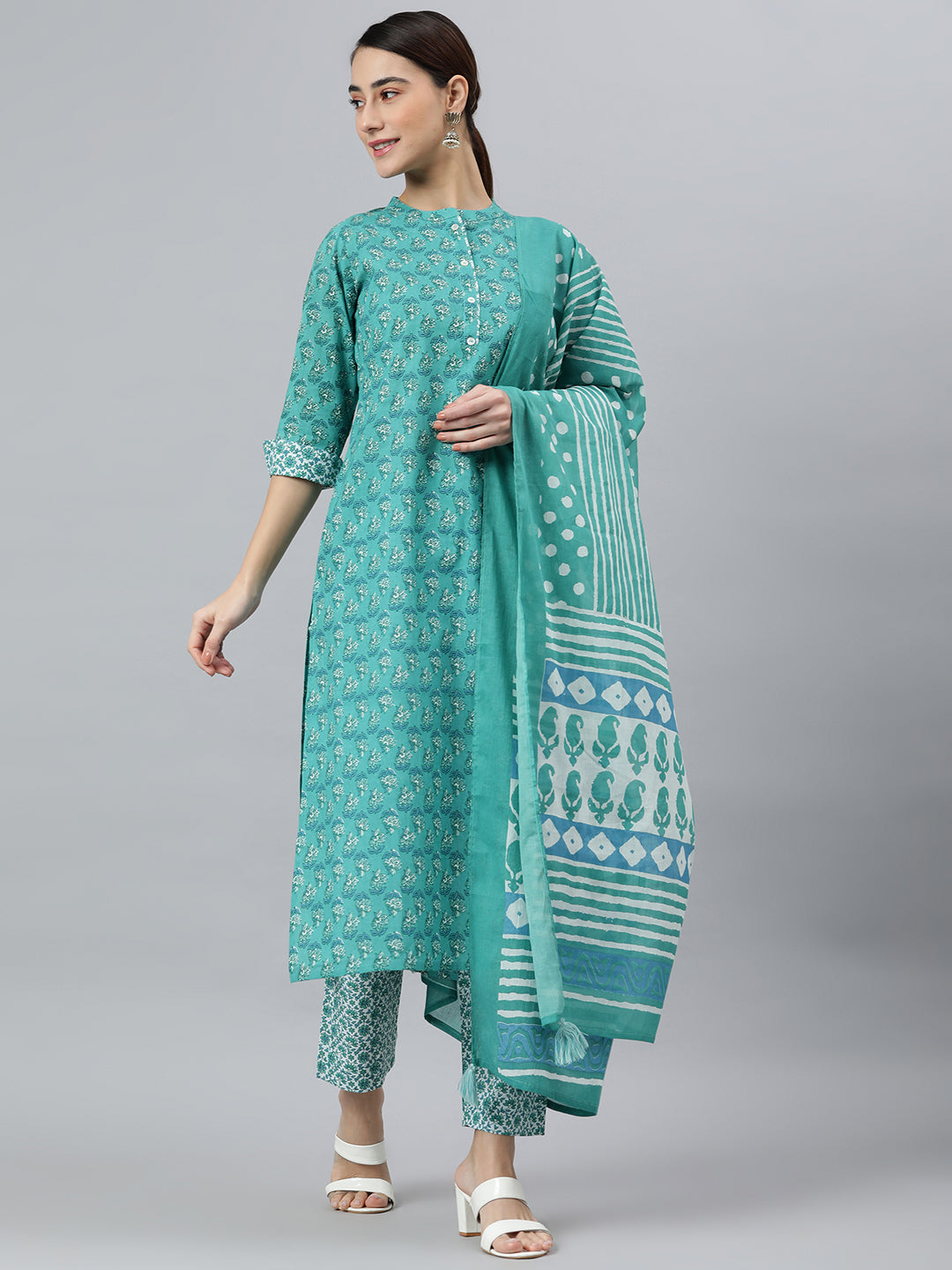 Janasya Women's Sea Green Cotton Block Print Kurta With Pant And Dupatta | Swadesiicart