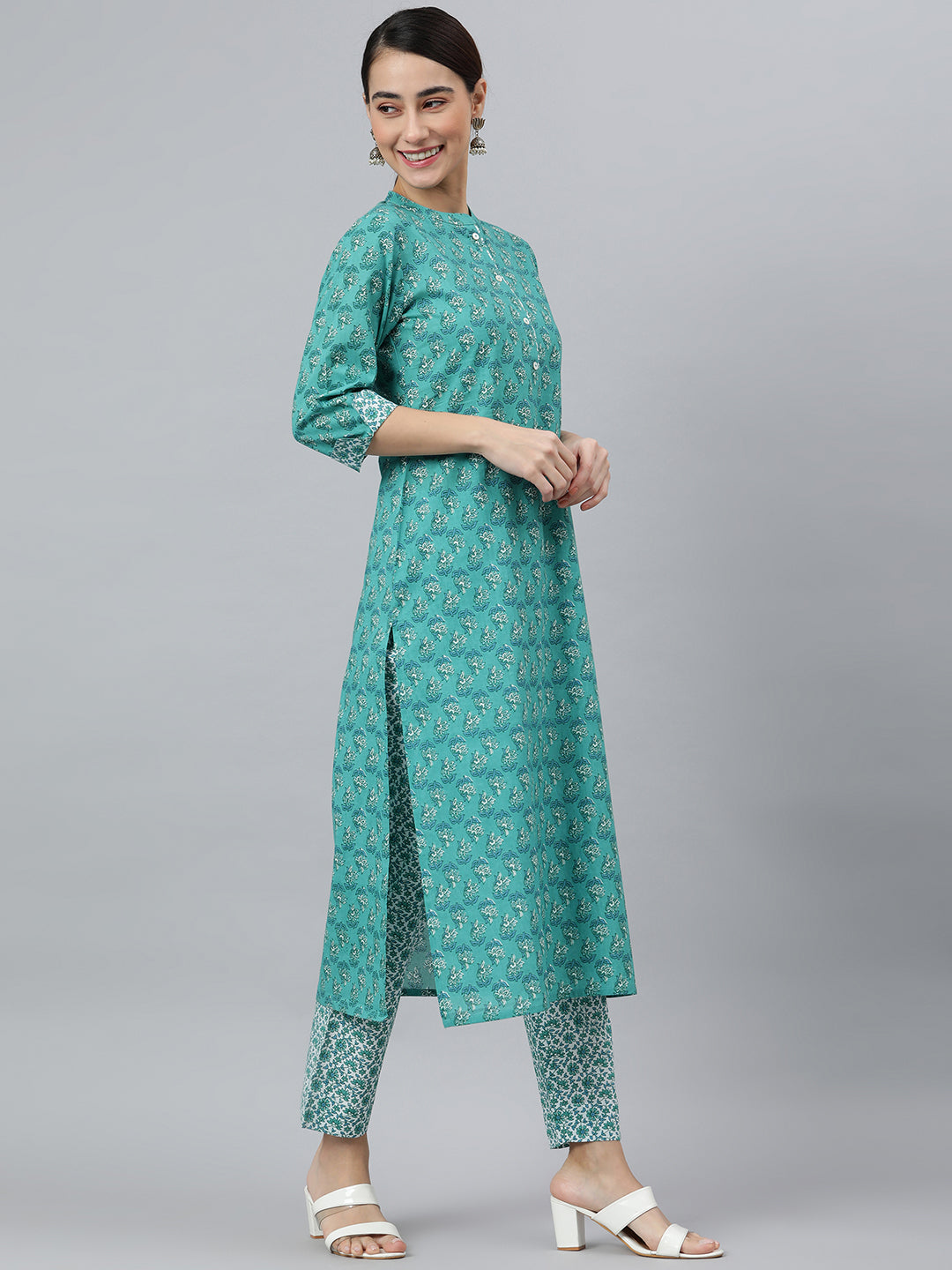Janasya Women's Sea Green Cotton Block Print Kurta With Pant And Dupatta | Swadesiicart