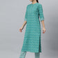 Janasya Women's Sea Green Cotton Block Print Kurta With Pant And Dupatta | Swadesiicart