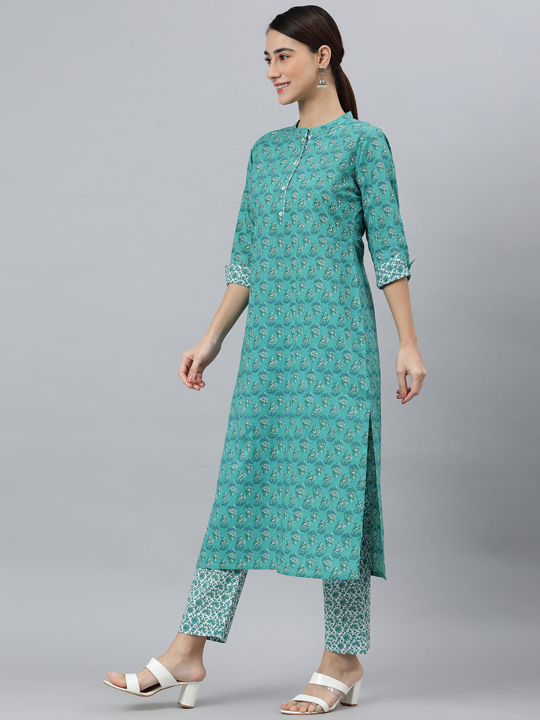 Janasya Women's Sea Green Cotton Block Print Kurta With Pant And Dupatta | Swadesiicart