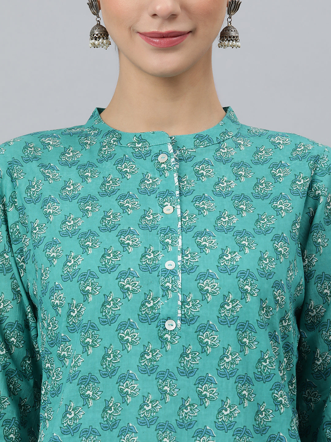 Janasya Women's Sea Green Cotton Block Print Kurta With Pant And Dupatta | Swadesiicart