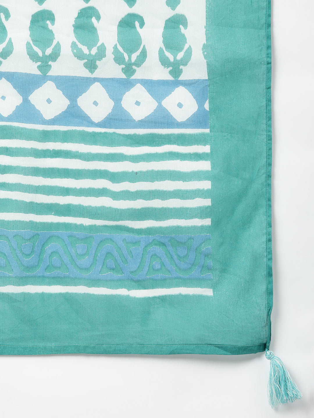 Janasya Women's Sea Green Cotton Block Print Kurta With Pant And Dupatta | Swadesiicart