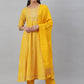 Janasya Women's Yellow Cotton Bandhej Kurta With Pant And Dupatta | Swadesiicart