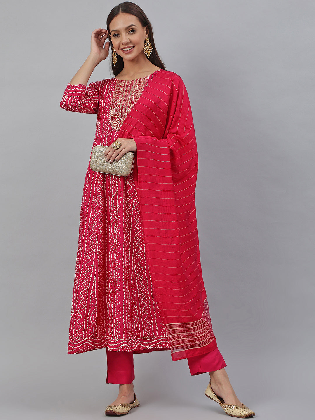 Janasya Women's Pink Rayon Bandhani Kurta With Pant And Dupatta | Swadesiicart