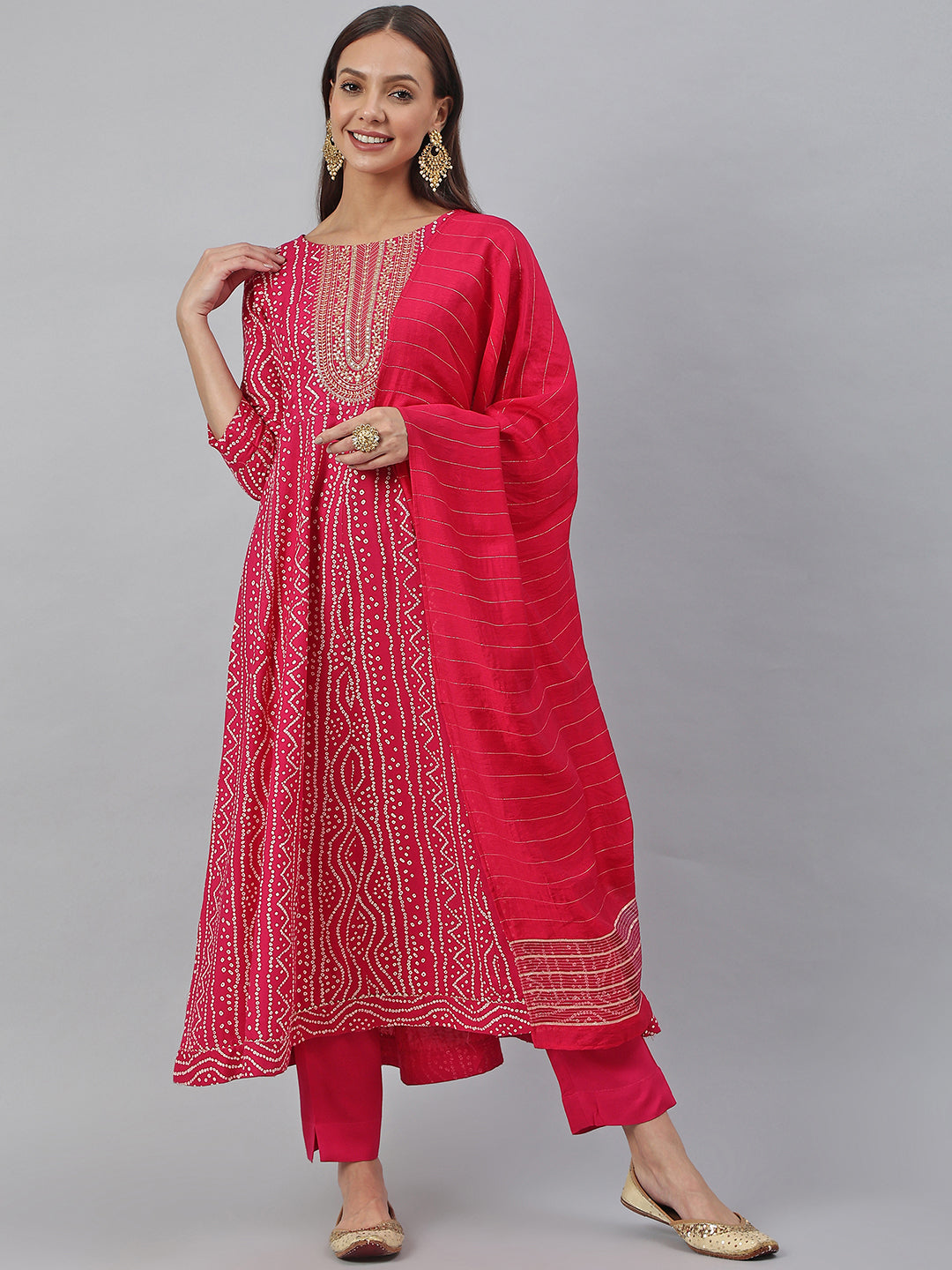 Janasya Women's Pink Rayon Bandhani Kurta With Pant And Dupatta | Swadesiicart