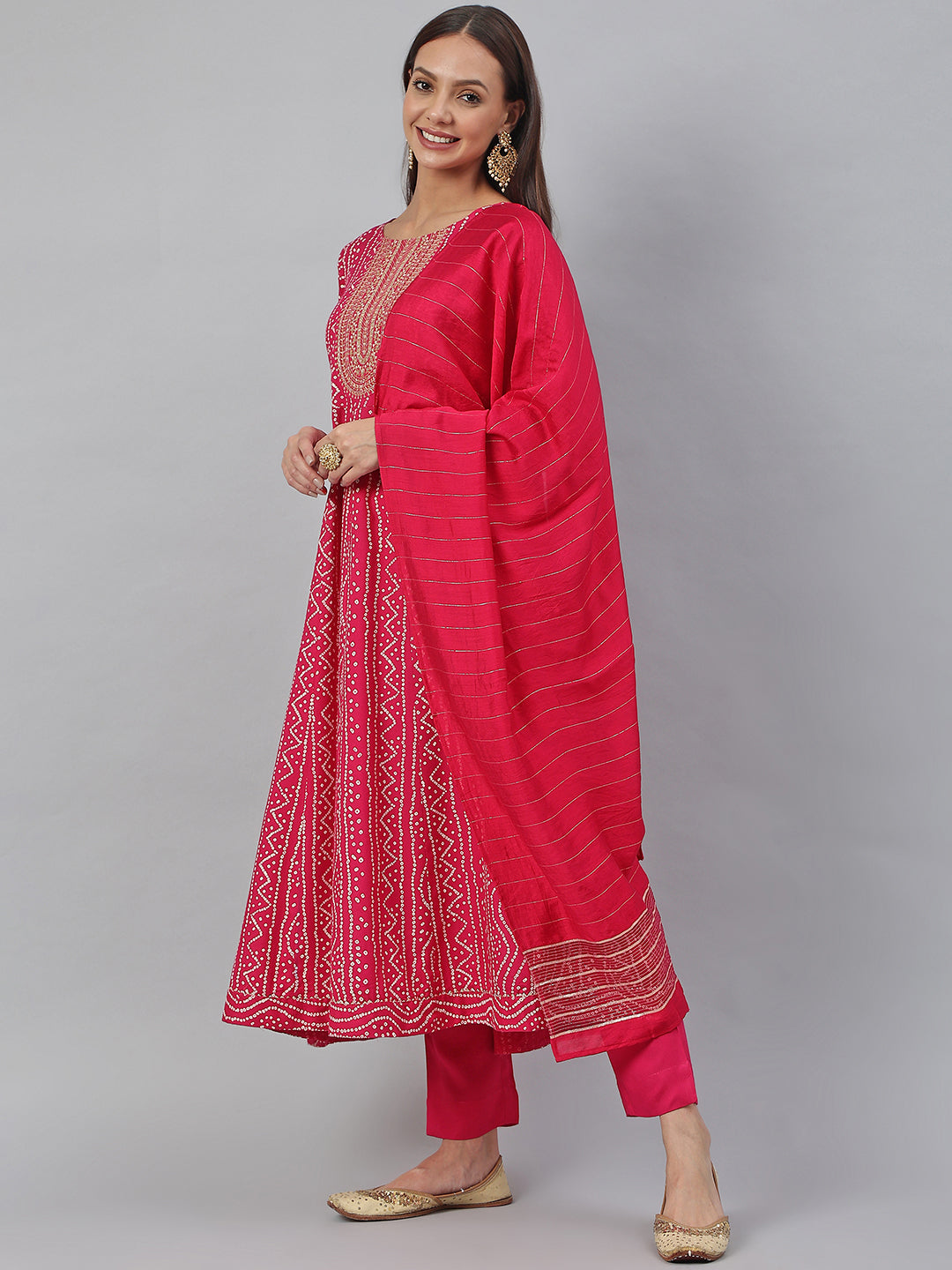 Janasya Women's Pink Rayon Bandhani Kurta With Pant And Dupatta | Swadesiicart