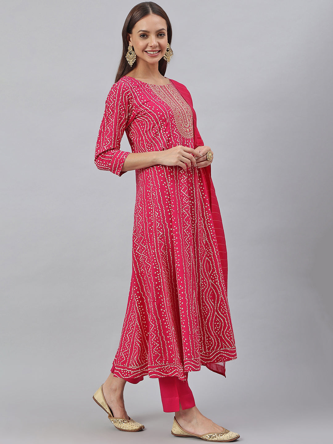 Janasya Women's Pink Rayon Bandhani Kurta With Pant And Dupatta | Swadesiicart