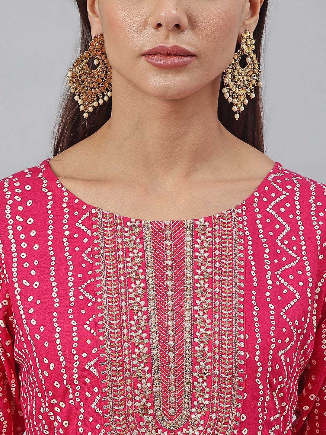 Janasya Women's Pink Rayon Bandhani Kurta With Pant And Dupatta | Swadesiicart