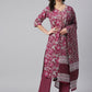 Janasya Women's Wine Cotton Floral Print Kurta With Palazzo And Dupatta | Swadesiicart