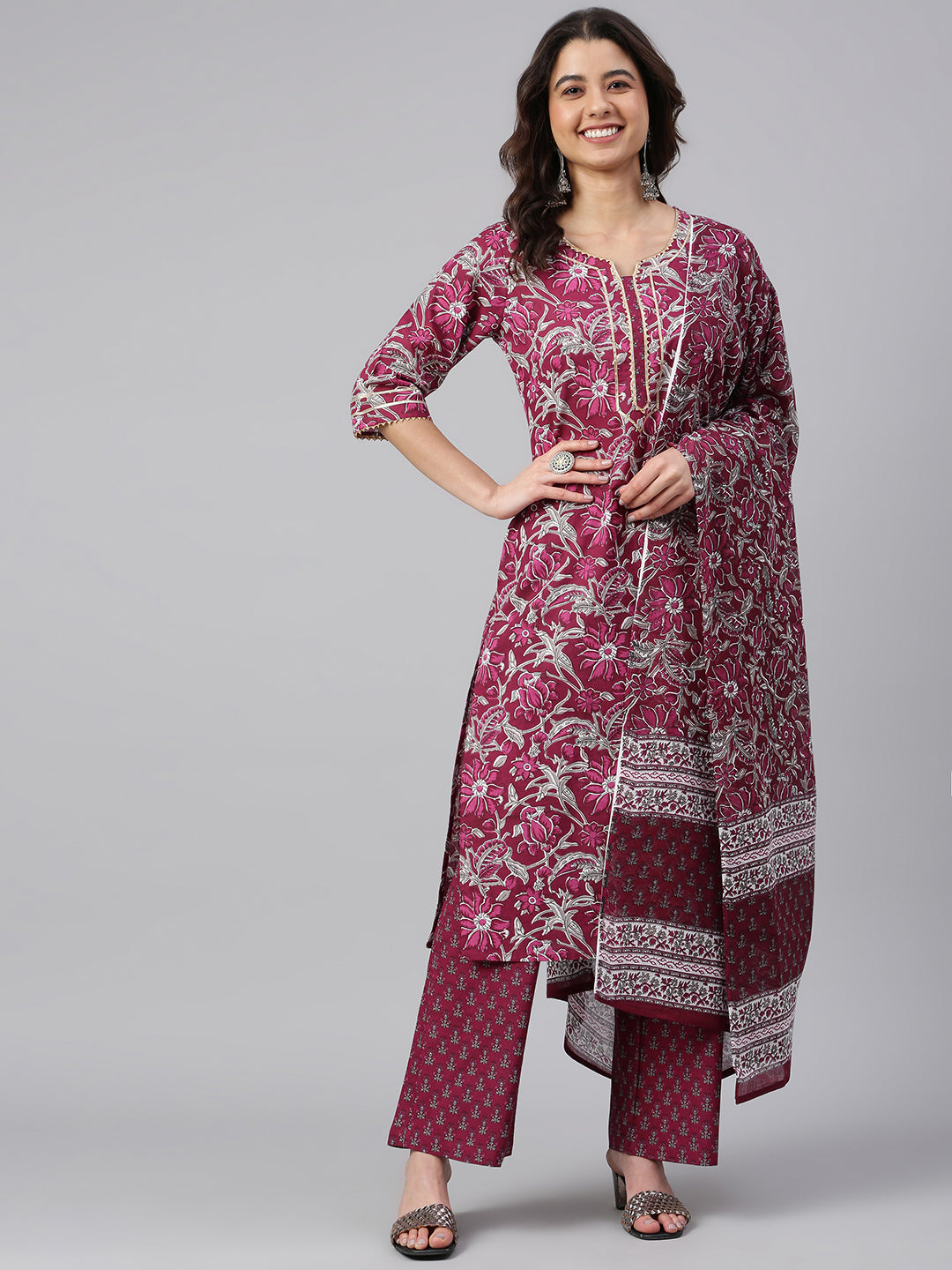 Janasya Women's Wine Cotton Floral Print Kurta With Palazzo And Dupatta | Swadesiicart