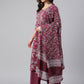 Janasya Women's Wine Cotton Floral Print Kurta With Palazzo And Dupatta | Swadesiicart