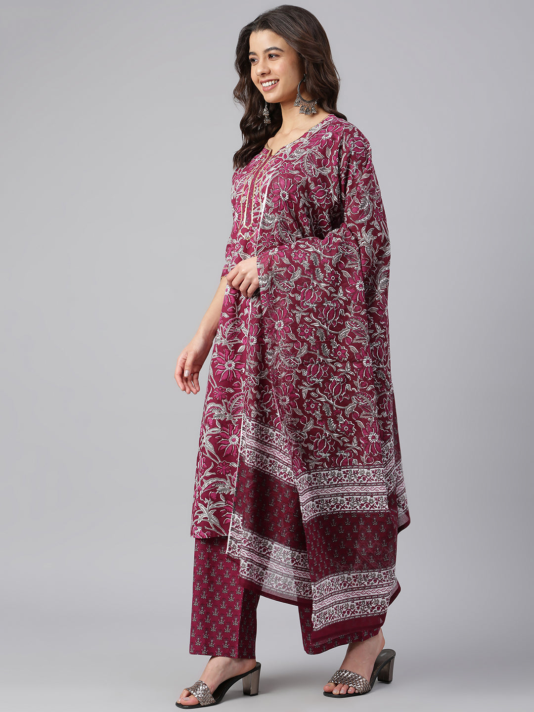 Janasya Women's Wine Cotton Floral Print Kurta With Palazzo And Dupatta | Swadesiicart