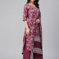 Janasya Women's Wine Cotton Floral Print Kurta With Palazzo And Dupatta | Swadesiicart