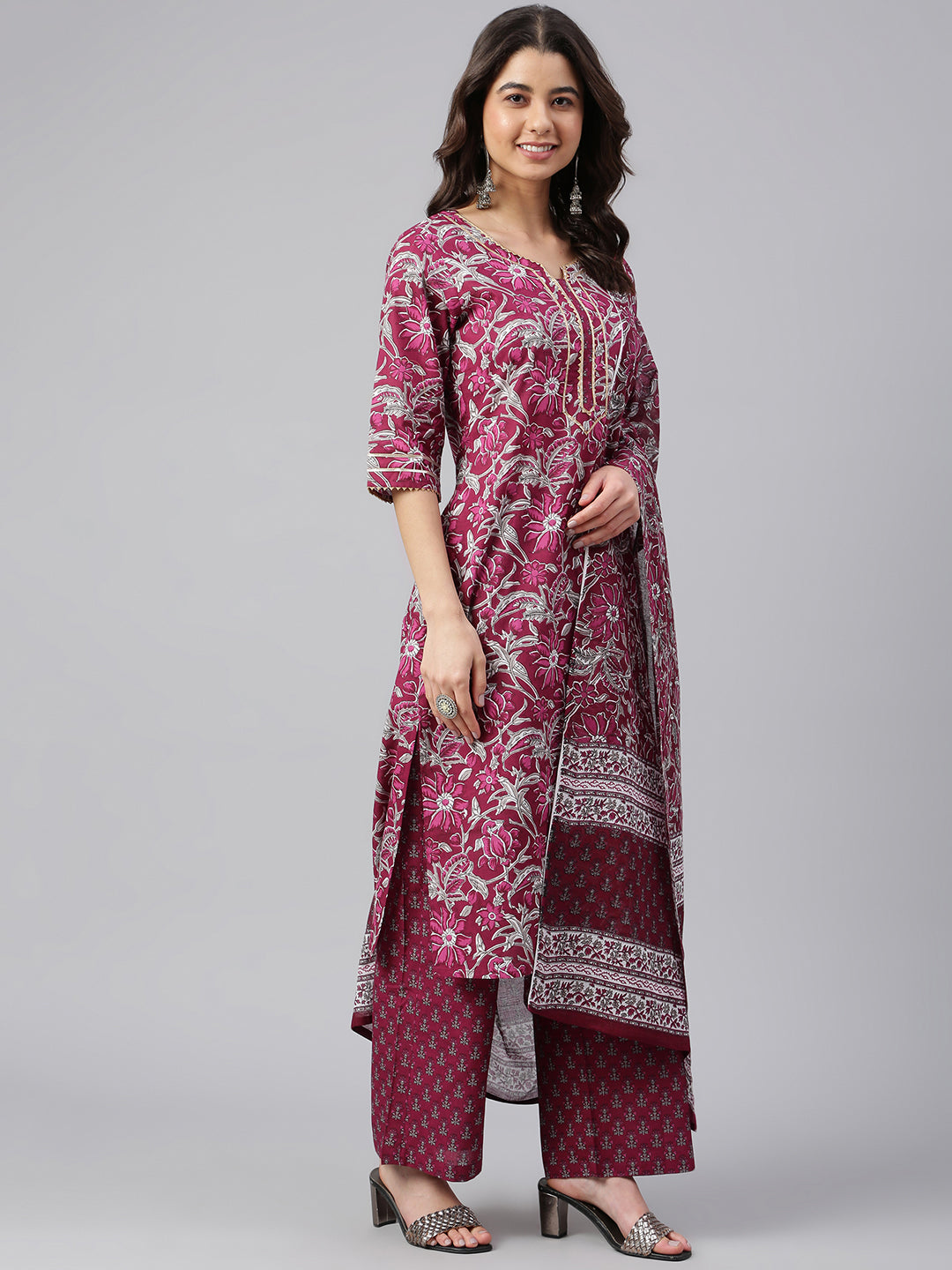 Janasya Women's Wine Cotton Floral Print Kurta With Palazzo And Dupatta | Swadesiicart