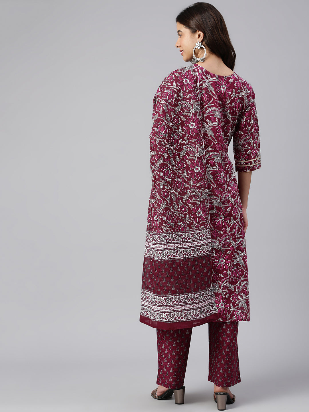 Janasya Women's Wine Cotton Floral Print Kurta With Palazzo And Dupatta | Swadesiicart