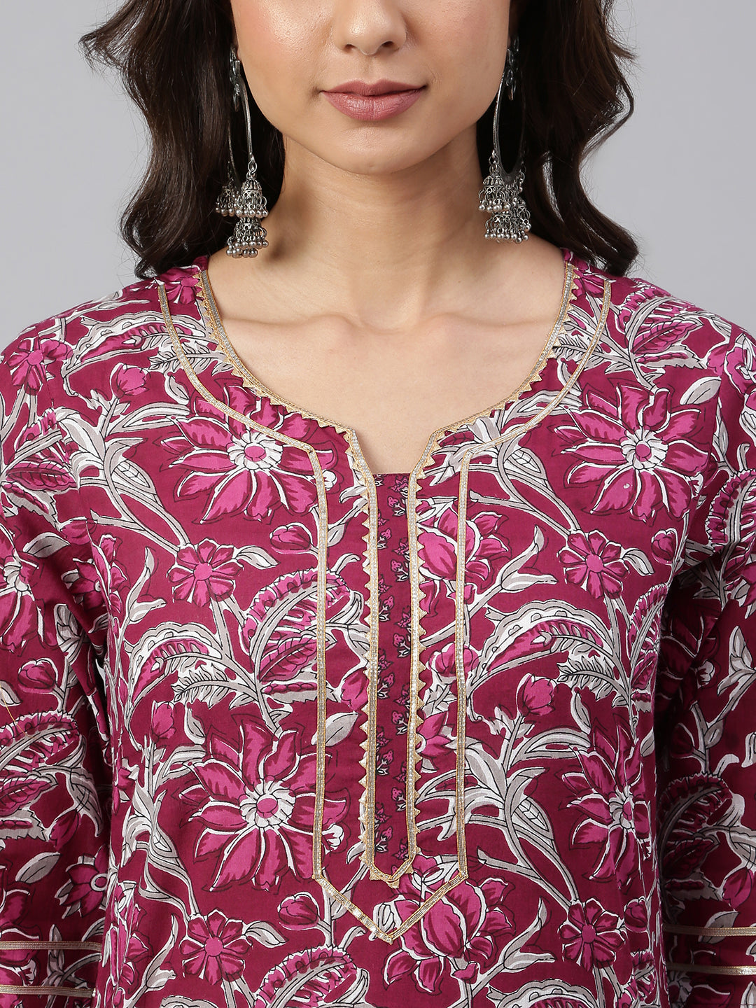 Janasya Women's Wine Cotton Floral Print Kurta With Palazzo And Dupatta | Swadesiicart