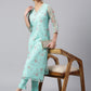 Janasya Women's Sea Green Organza Floral Print Kurta With Pant | Swadesiicart