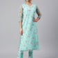Janasya Women's Sea Green Organza Floral Print Kurta With Pant | Swadesiicart