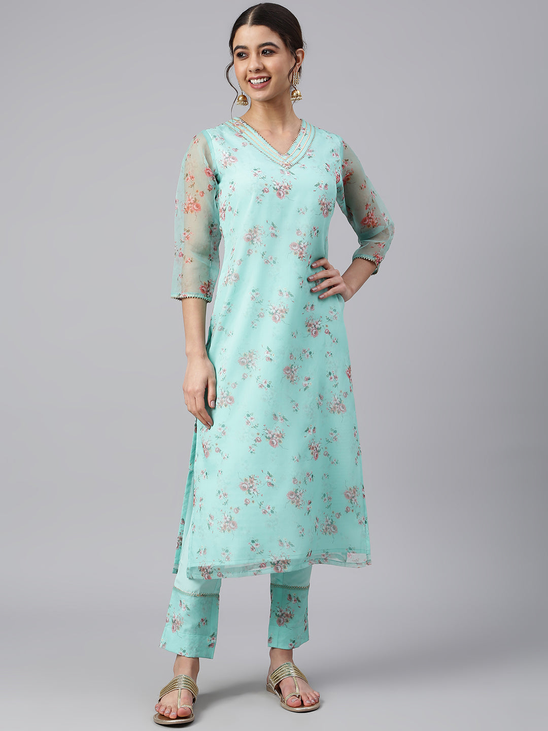 Janasya Women's Sea Green Organza Floral Print Kurta With Pant | Swadesiicart
