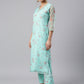Janasya Women's Sea Green Organza Floral Print Kurta With Pant | Swadesiicart