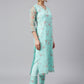 Janasya Women's Sea Green Organza Floral Print Kurta With Pant | Swadesiicart