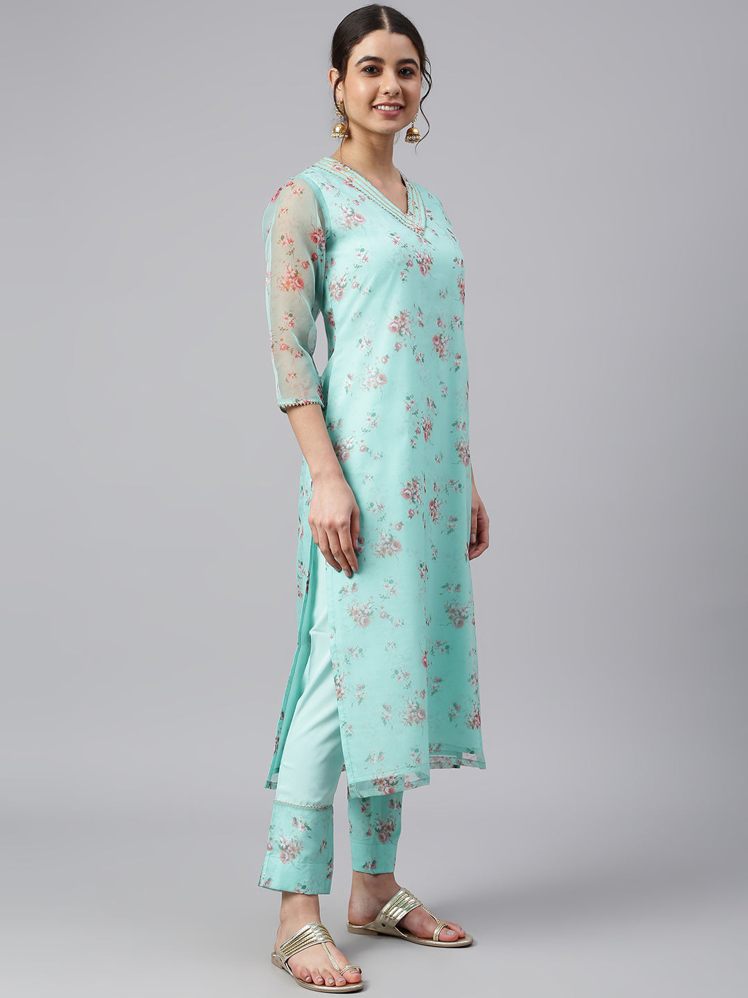 Janasya Women's Sea Green Organza Floral Print Kurta With Pant | Swadesiicart