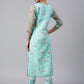 Janasya Women's Sea Green Organza Floral Print Kurta With Pant | Swadesiicart