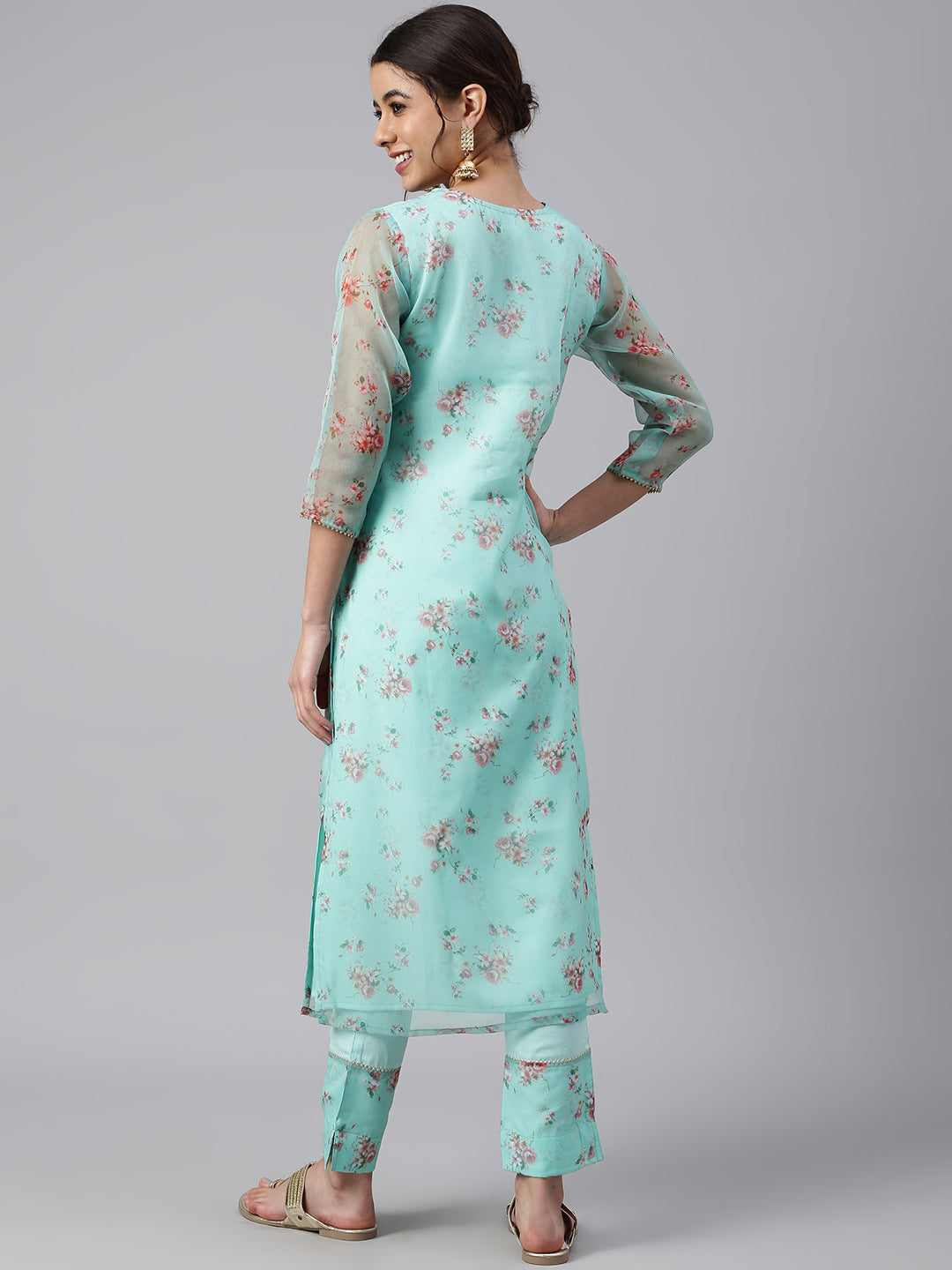 Janasya Women's Sea Green Organza Floral Print Kurta With Pant | Swadesiicart