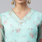 Janasya Women's Sea Green Organza Floral Print Kurta With Pant | Swadesiicart