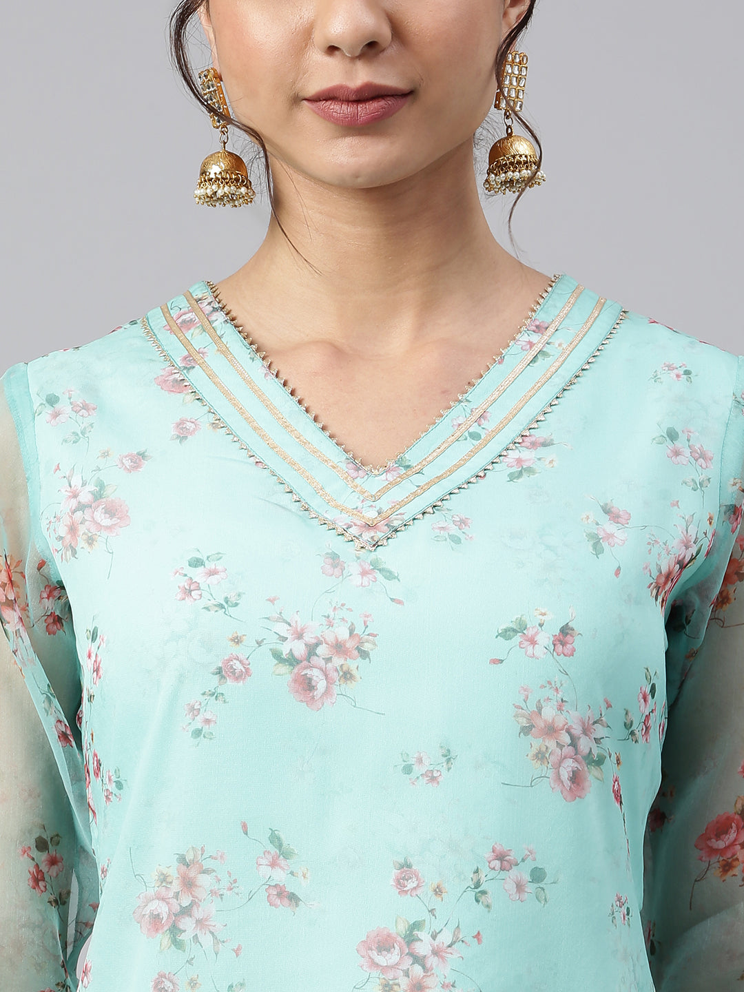 Janasya Women's Sea Green Organza Floral Print Kurta With Pant | Swadesiicart