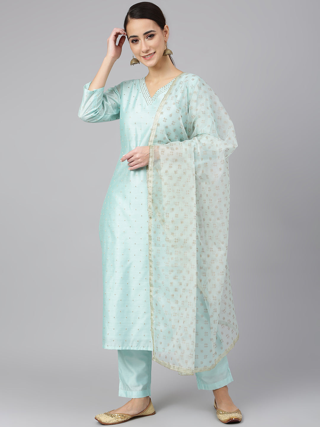 Janasya Women's Sea Green Chanderi Silk Embellished Kurta With Pant And Dupatta | Swadesiicart