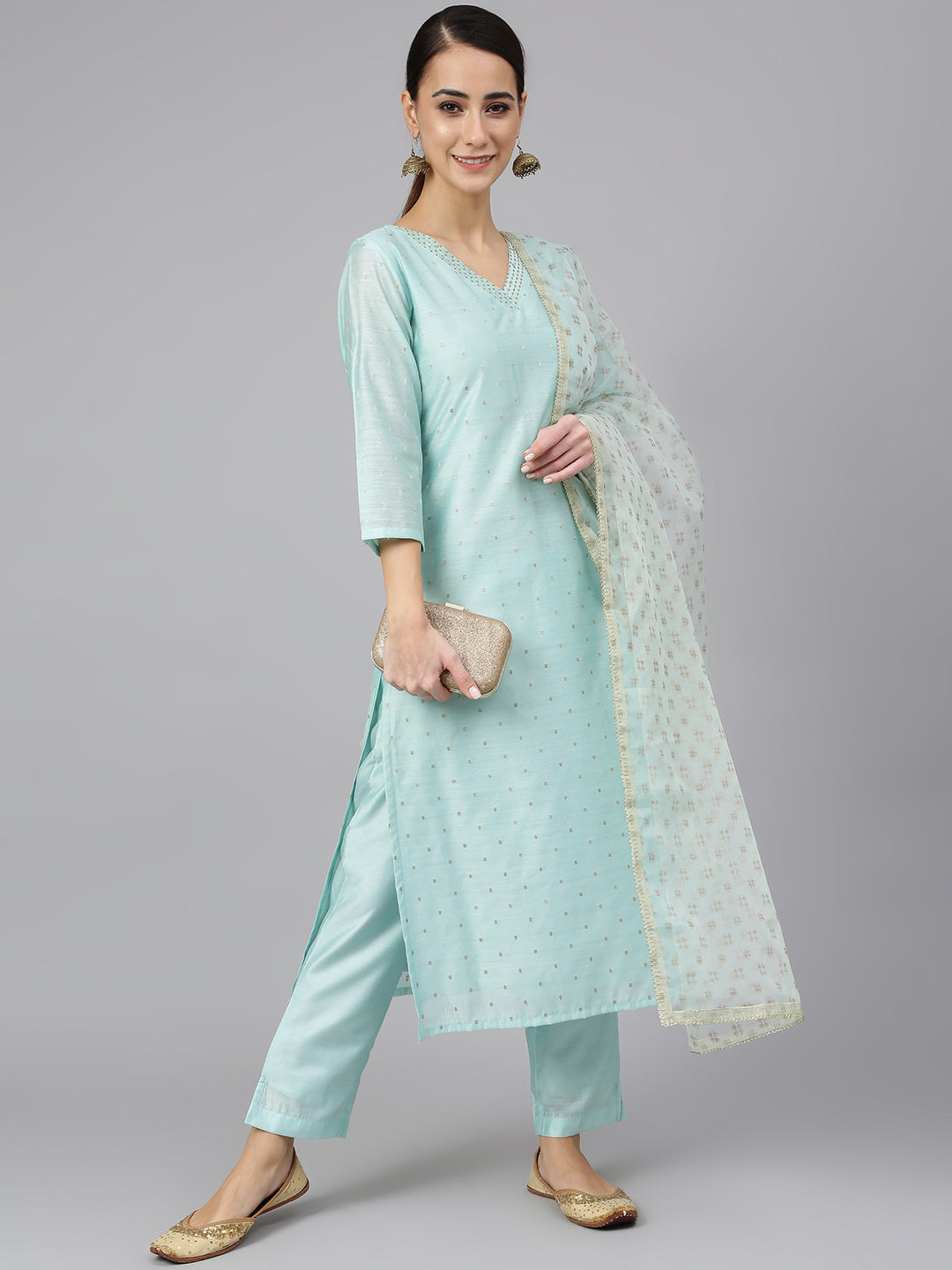 Janasya Women's Sea Green Chanderi Silk Embellished Kurta With Pant And Dupatta | Swadesiicart