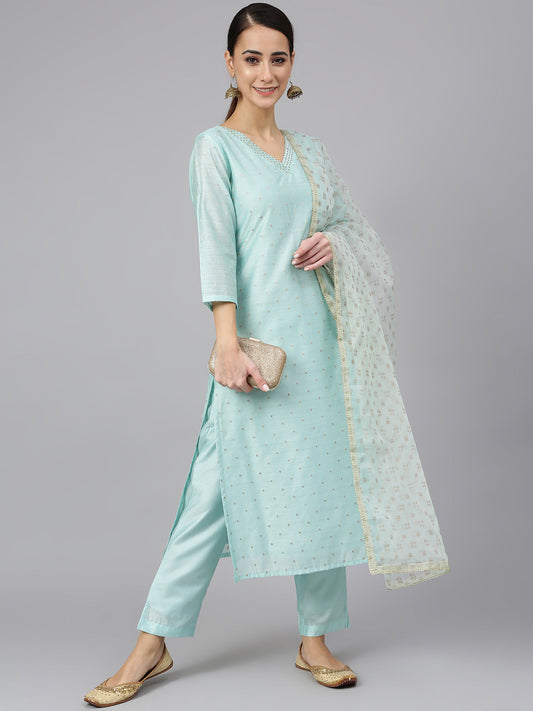 Janasya Women's Sea Green Chanderi Silk Embellished Kurta With Pant And Dupatta | Swadesiicart