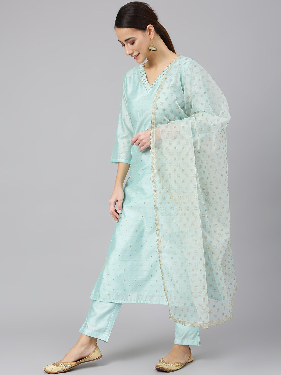 Janasya Women's Sea Green Chanderi Silk Embellished Kurta With Pant And Dupatta | Swadesiicart