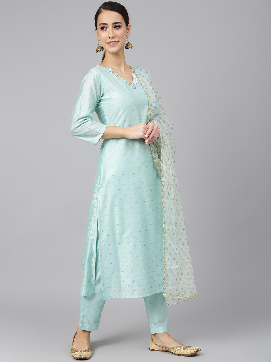 Janasya Women's Sea Green Chanderi Silk Embellished Kurta With Pant And Dupatta | Swadesiicart