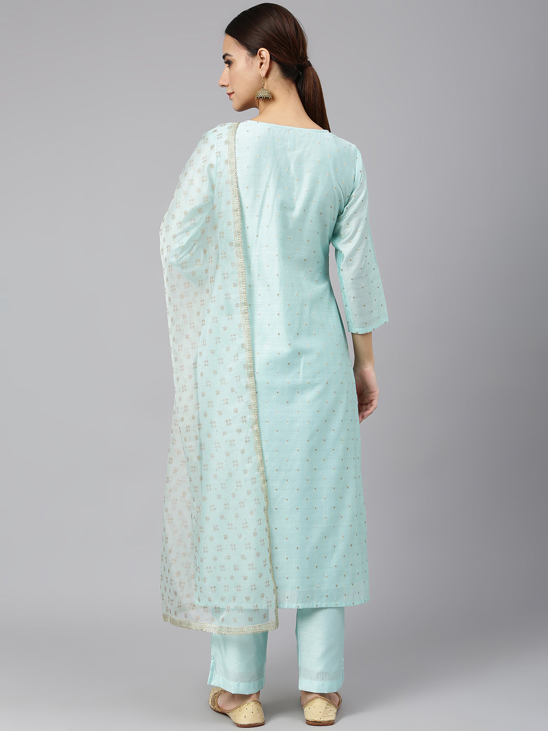 Janasya Women's Sea Green Chanderi Silk Embellished Kurta With Pant And Dupatta | Swadesiicart
