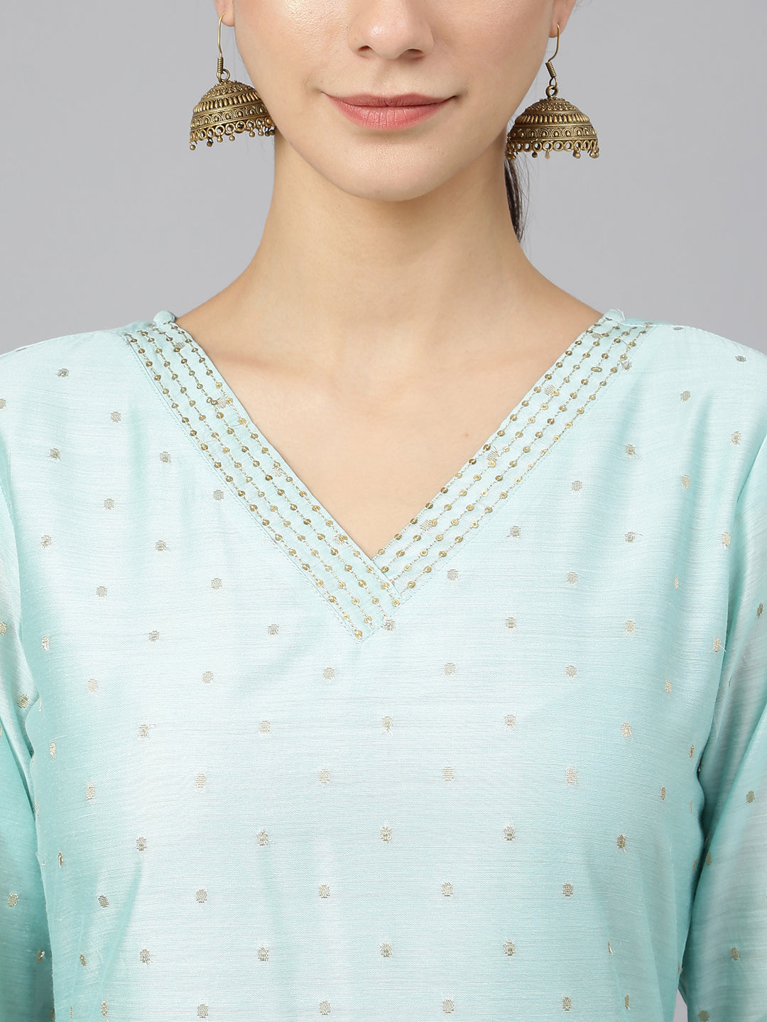 Janasya Women's Sea Green Chanderi Silk Embellished Kurta With Pant And Dupatta | Swadesiicart
