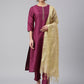 Janasya Women's Wine Poly Silk Embellished Kurta With Pant And Dupatta | Swadesiicart