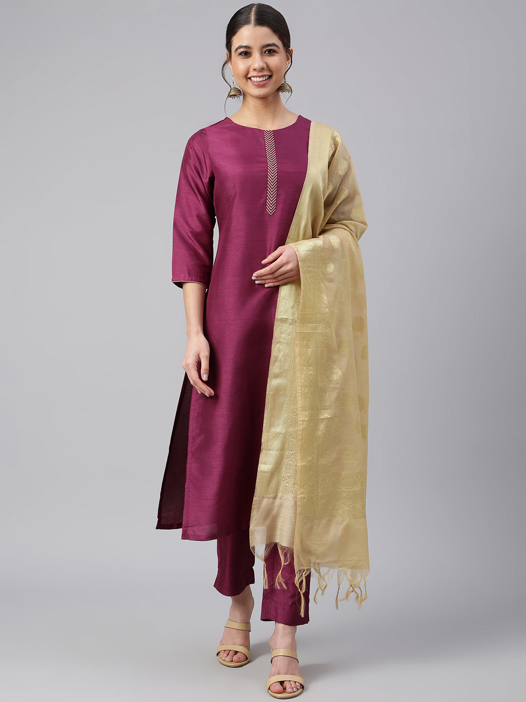 Janasya Women's Wine Poly Silk Embellished Kurta With Pant And Dupatta | Swadesiicart
