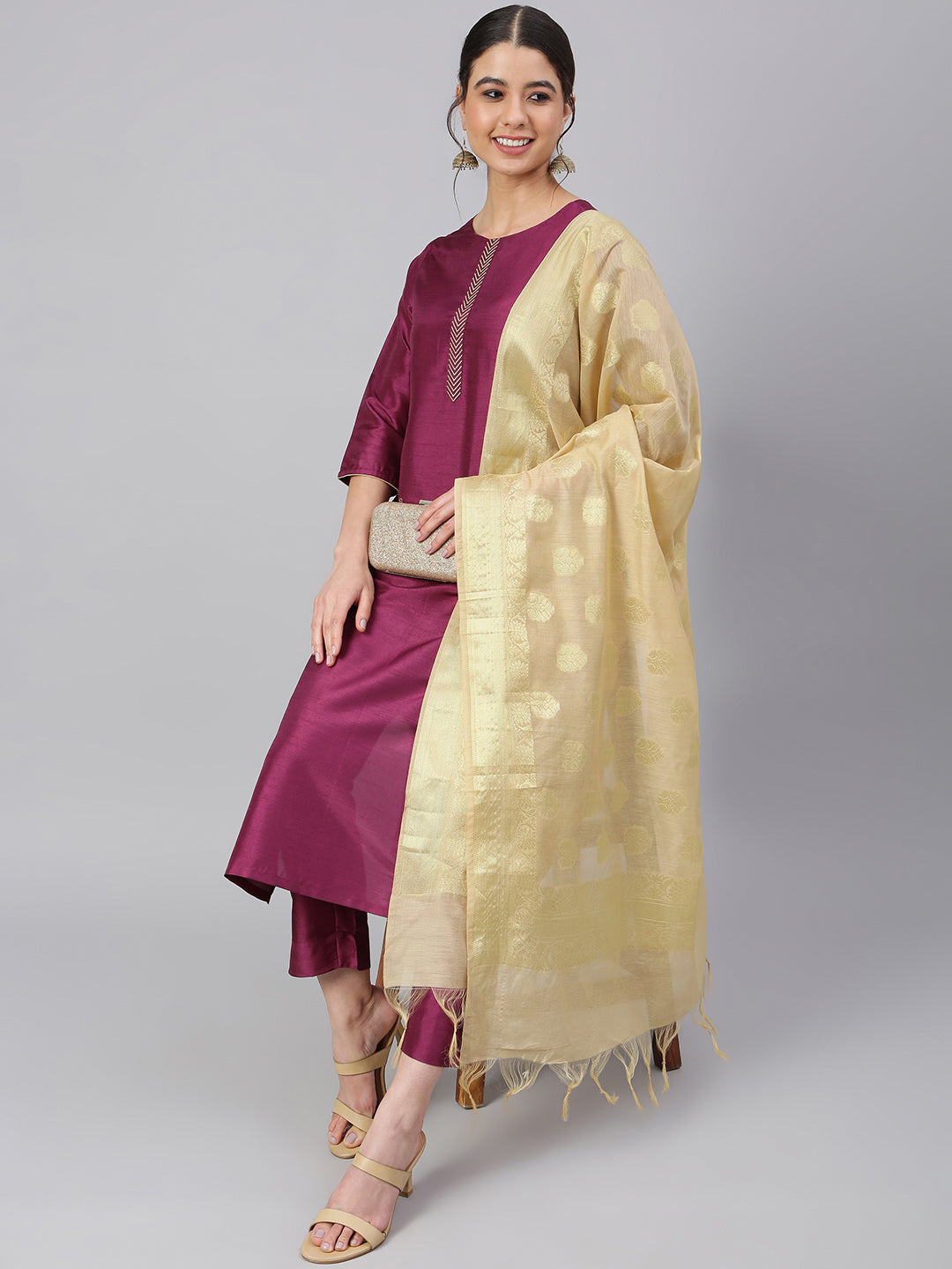 Janasya Women's Wine Poly Silk Embellished Kurta With Pant And Dupatta | Swadesiicart