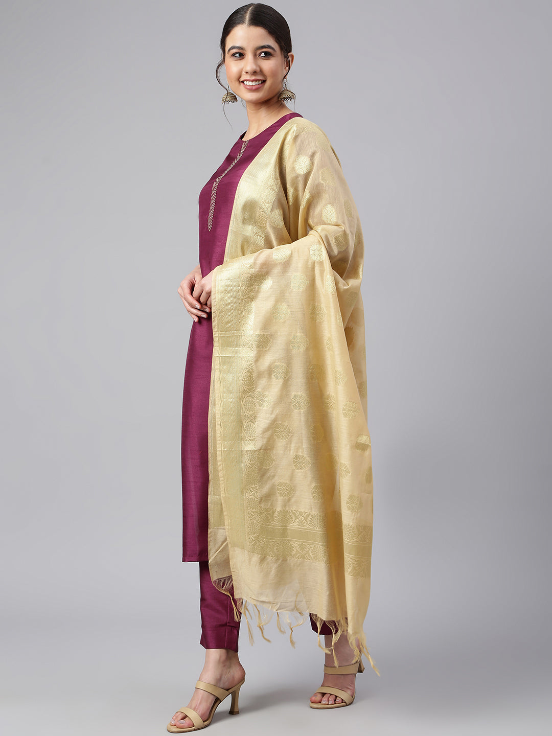 Janasya Women's Wine Poly Silk Embellished Kurta With Pant And Dupatta | Swadesiicart