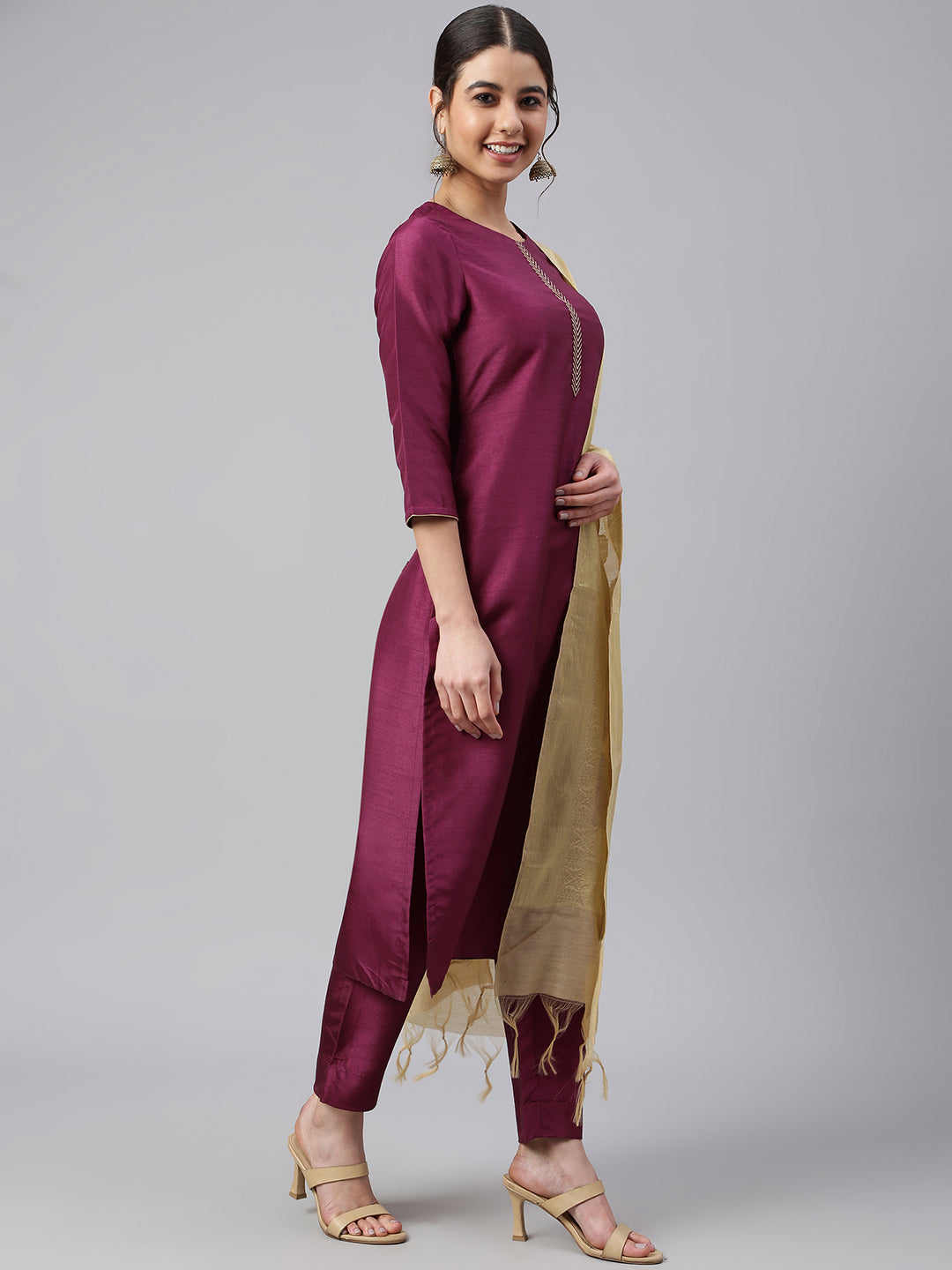 Janasya Women's Wine Poly Silk Embellished Kurta With Pant And Dupatta | Swadesiicart