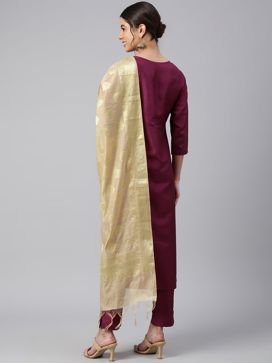 Janasya Women's Wine Poly Silk Embellished Kurta With Pant And Dupatta | Swadesiicart